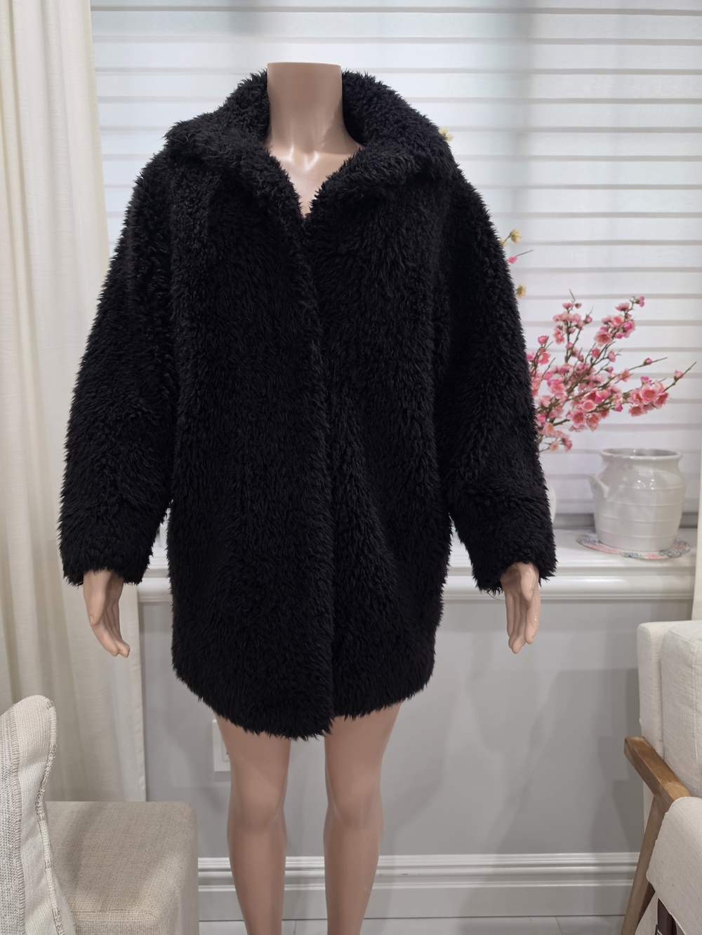 Sandro Black Faux Fur Teddy Coat Size 2